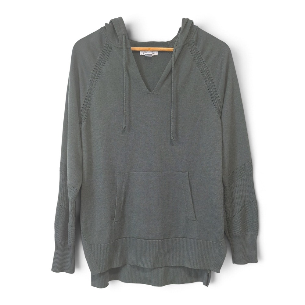 Athleta Women Gray Green V-Neck Knit Pullover Hoodie Sweater Textured Sleeve L